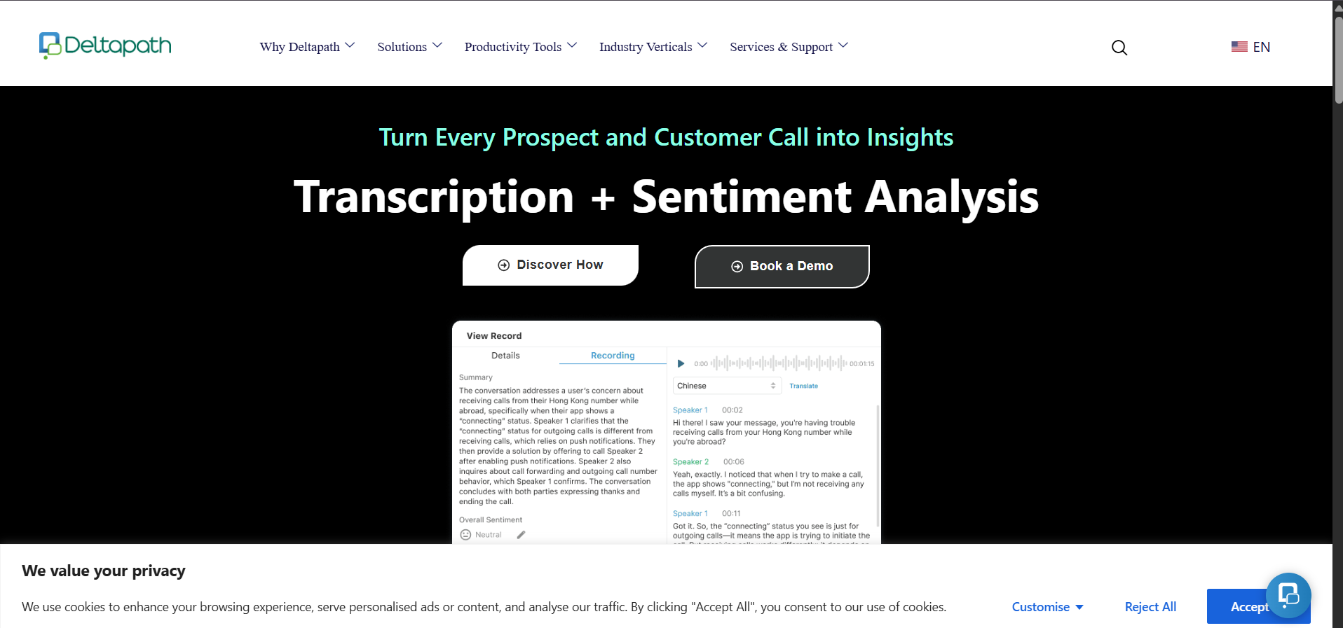 Deltapath website preview featuring transcription and sentiment analysis