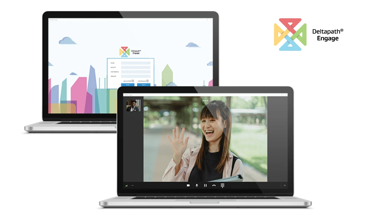 Deltapath Engage running on two laptops, showing sign-in and a video call