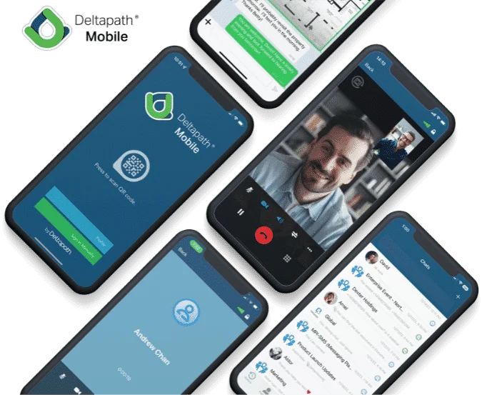Deltapath Mobile sign-in, video call, chat, and contacts views