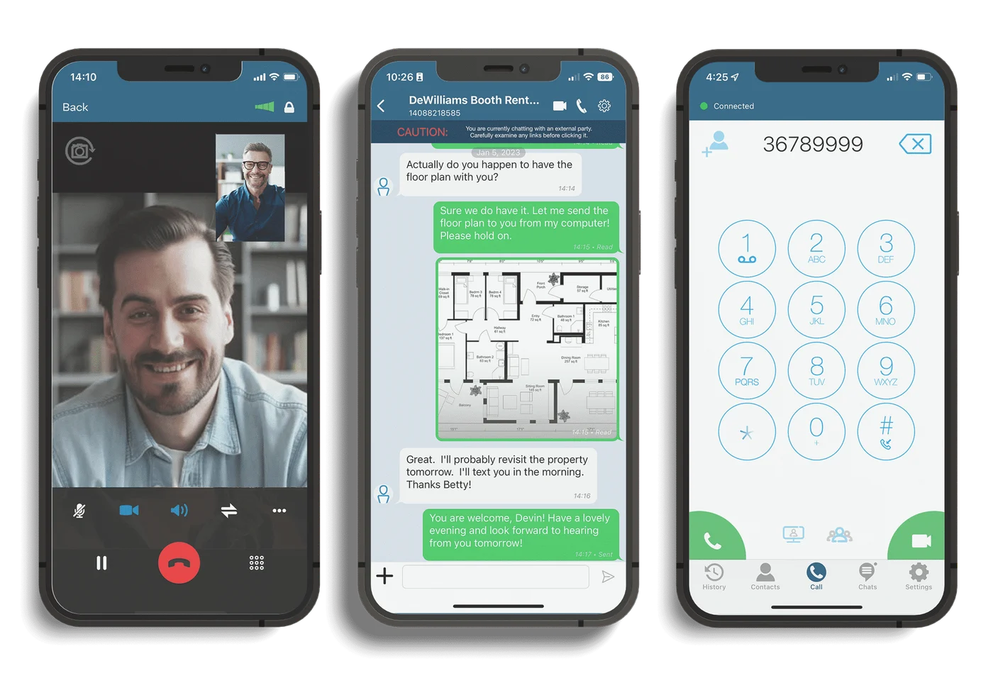 Deltapath Mobile video call, chat, and dialer screens