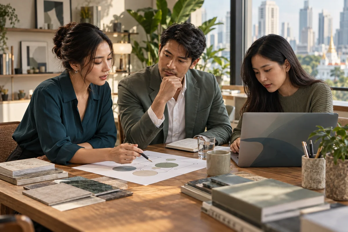 Business specialists collaborating on a shared plan around a meeting table